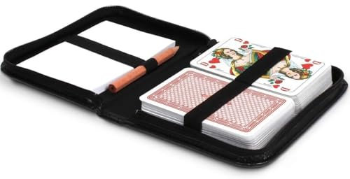 Generisch Romme Kartenspiel 2 x 55 Karten im Format 59 x 91 mm + Bleistift + Block + Regelheft, im edlen schwarzem Kunstleder Etui ebenso für Canasta und Bridge + Poker + Skat geeignet ab 10 Jahren