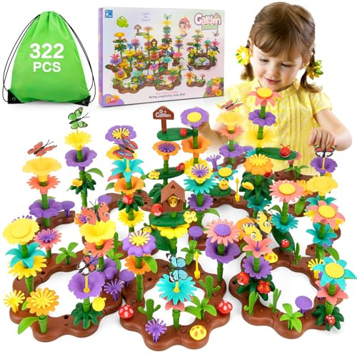Funsland Jouets de Construction de Jardin de Fleurs pour Filles 3 4 5 6 Ans, 322 PCS Ensembles de Bouquets de Bricolage, Montessori Éducation Jouet Cadeau pour Filles et Garçons