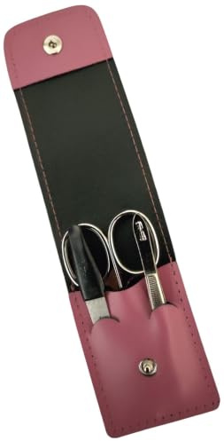 Solingen* Maniküre Set im Lederetui – Made in Germany – Nagelschere, Saphirnagelfeile (grob/fein), Pinzette zur Nagelhautpflege – Echtes Leder Magenta