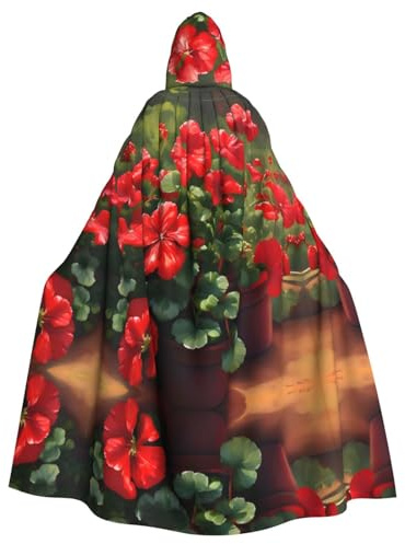POEZJZW Rote Geranien-Muster, volle Länge, Kapuzenmantel, Umhang, langer Umhang, Halloween, Cosplay, Kostüm, Kapuzenumhang, Unisex