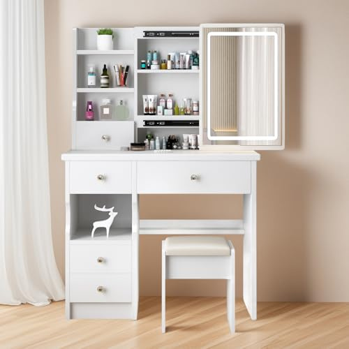 Zeaper Schminktisch mit LED Beleuchtung, Verstellbare Helligkeit, Frisiertisch mit Spiegel, 5 Schubladen, 4 Offenen Ablagen, Moderner Schminktische für Schlafzimmer