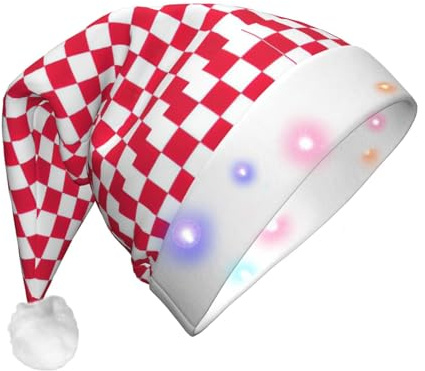 Dexnel Chapeau de Noël amusant à LED à carreaux rouges et carrés blancs, chapeau de Père Noël de vacances pour fournitures de fête de Noël, couvre-chef d'hiver pour adultes
