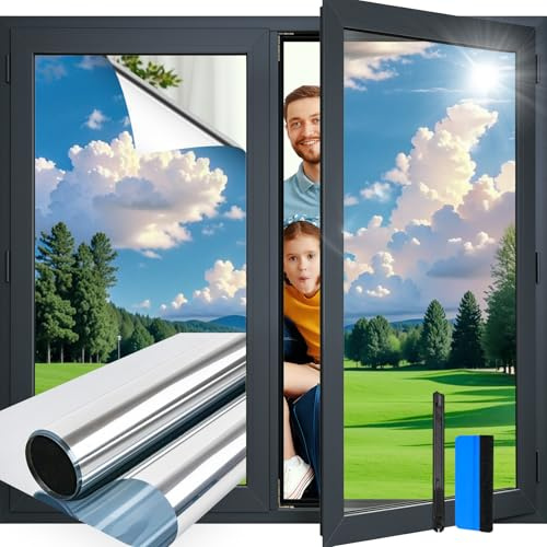 Aurathon Fensterfolie Sonnenschutz Spiegelfolie Fenster Sichtschutz 44.5x400cm mit Montagematerial UV-Schutz Hitzeschutz Selbsthaftend von Innen Durchsichtig von Aussen Wiederverwendbar Silber