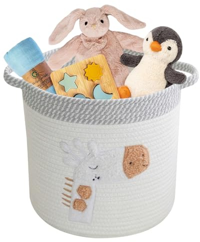 Toy Storage Baskets, Woven Cotton Rope Storage Basket, Multifunctional Blanket Baskets for Living Room Toys Organizer with Embroidery Decor Layndry Organizer with Handle for Nursery - Giraffe