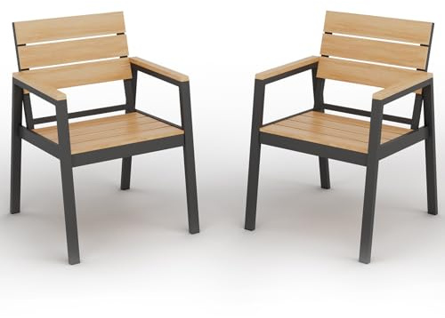 Devoko Alu Aartenstühle mit Armlehne, Gartenstuhl Set (2-teilig), Terrassenstühle Wasserfeste, Langlebige, Gartenstuhl bis 160 kg belastbar, Holzmaserung-Finish, Extrabreite Sitzfläche, Teakholz