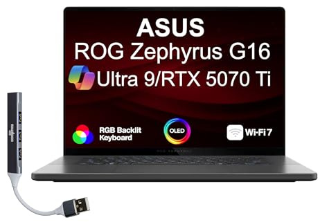 ASUS ROG Zephyrus G16 AI Gaming Laptop 16.0 240Hz OLED WQXGA Display (Intel Ultra 9-285H, GeForce RTX 5070 Ti 12GB, 32GB LPDDR5X, 2TB PCIe SSD, RGB KB, Win 11 Pro) w/DKZ USB Port Expander