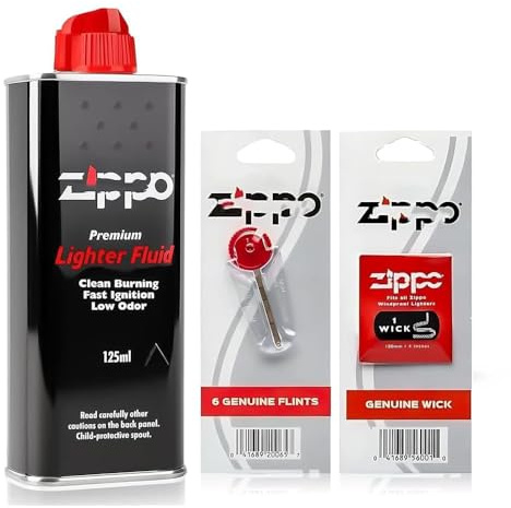 Karrma Ltd. Premium Lighter Fluid Refill Kit 125ml — Windproof Lighter Fuel with Wick & 6 Flints, Low Odour, Fast Ignition, Easy Refill Nozzle