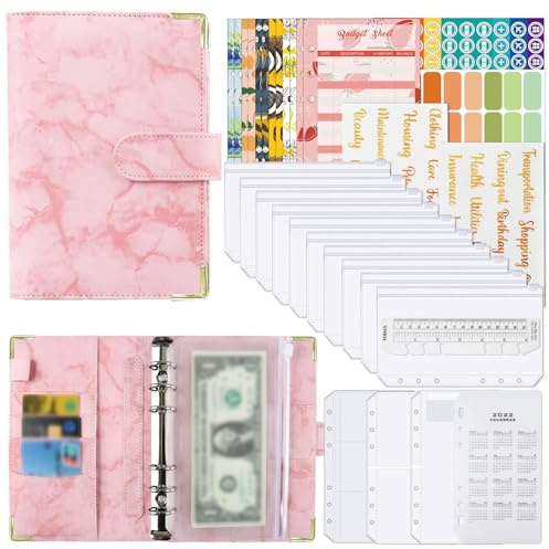 Anevous Classeur de budget A6 - En cuir synthétique - Motif marbre - Rechargeable - Avec poches à reliure - Feuilles budgétaires pour livre de ménage - Méthode d'enveloppe - Rose