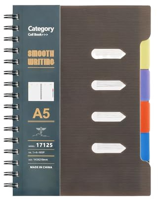 Carnet Spirale A5 105 Feuilles (210 Pages) avec Intercalaires Amovibles, Cahier de Notes et Cahier Intercalaire, Feuille Simple Grand Carreaux, Copies Doubles Grands Carreaux, pour École et Bureau