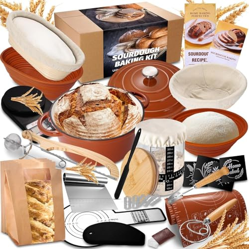 26cm Enamel Cast Iron Dutch Oven Sourdough Starter Kit with Proving Basket | 4 rattan & silicone round & oval banneton baskets, starter jar, bread baking tools, Dutch oven for baking, roasting & cooking