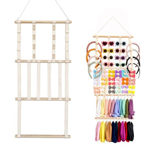 Haarschmuck Aufbewahrung Mädchen, Haarschleifenhalter, Haarspangen Halter | Aufhängbar für Haarbänder, Clips, Brillen & Kopfbänder, übersichtlich im Kinderzimmer, 74x38 cm aus Holz & Polyester