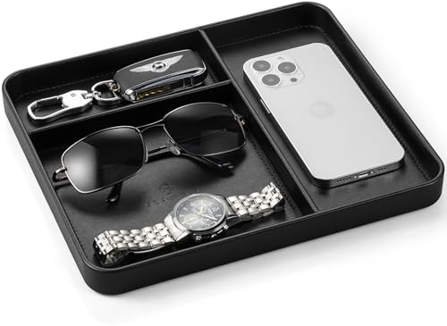VLANDO Valet Tray for Men Women, Portable Large Organiser for Desk | 27×23cm, 3-Compartment, Holds Keys Coins Watch, for Drawer Vanity Catchall, PU Leather, Gift-Ready