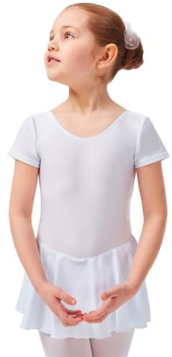 tanzmuster Kinder Kurzarm Ballett Trikot Marina mit Röckchen aus glänzendem Material in weiß, Größe:152/158