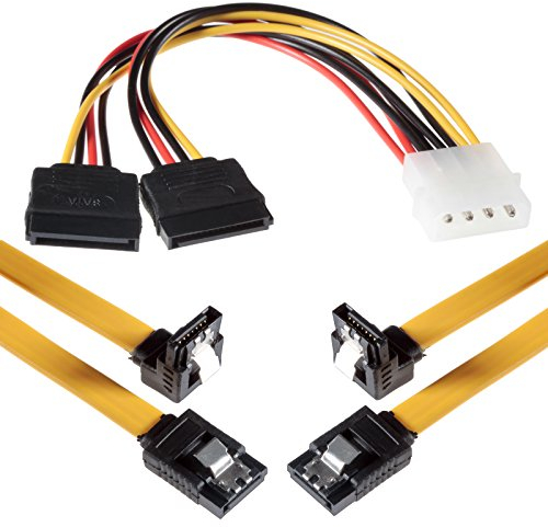 POPPSTAR 2x 50cm Sata 3 Datenkabel in gelb (Sata Kabel - Stecker gerade auf gewinkelt), mit 20cm 4-pin Stromadapter auf 2x 15-pin