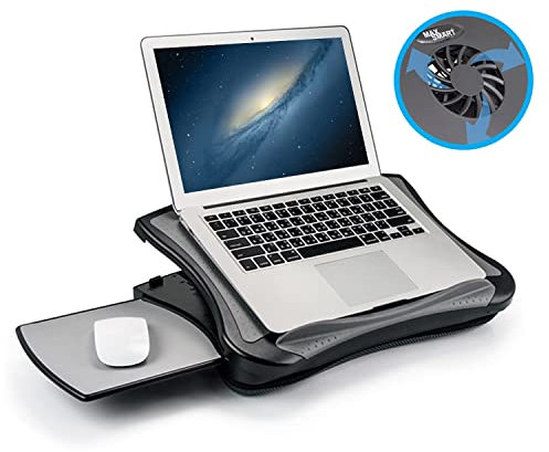 MAX SMART Ergonomic Computer Laptop Desk Riser Stand Board with Internal Cooling Fan, Cushion, Handle and Adjustable Viewing Angles for 12 - 17 Notebook Tablet iPad Laptop
