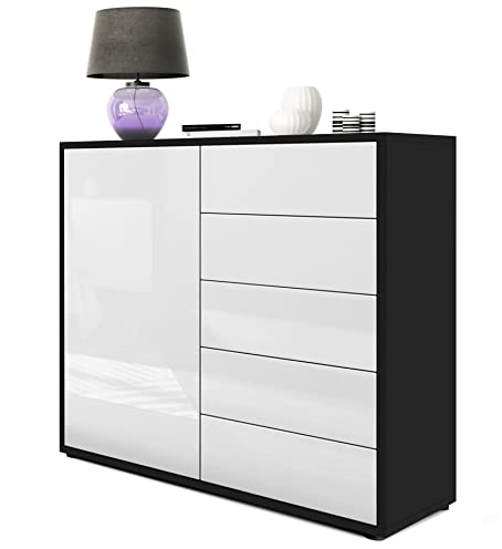 Vladon Sideboard Ben V2, Made in Germany, Kommode mit 1 Tür und 5 Schubladen, Schwarz matt/Weiß Hochglanz (79 x 74 x 36 cm)