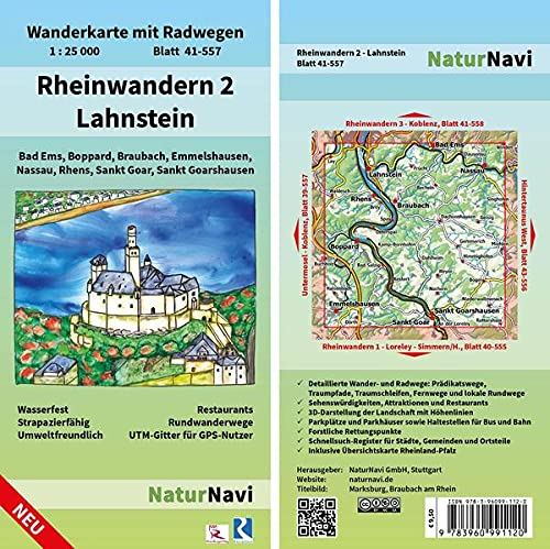 Rheinwandern 2 - Lahnstein: Wanderkarte mit Radwegen, Blatt 41-557, 1 : 25 000, Bad Ems, Boppard, Braubach, Emmelshausen, Nassau, Rhens, Sankt Goar, ... (NaturNavi Wanderkarte mit Radwegen 1:25 000)
