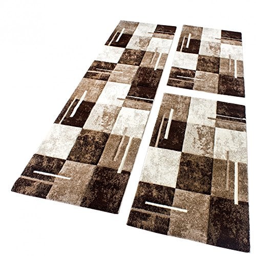 Paco Home Bettumrandung Teppich Marmor Optik Karo Braun Beige Creme Läuferset 3 TLG, Grösse:2mal 80x150 1mal 80x300