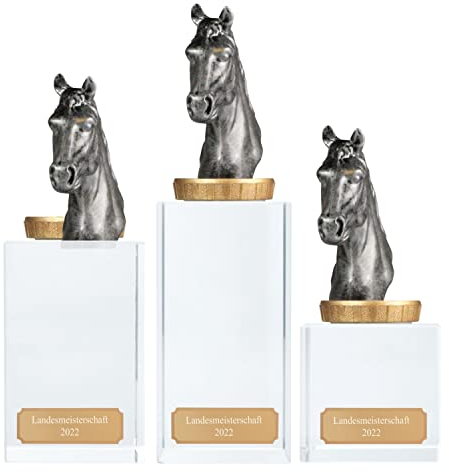 Pokalset, Trophäen Reiten/Pferde mit Glassockel 3 Stück Größe S, M und L mit Gravur
