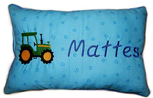 Momelie Blaues Schmusekissen * Kuschelkissen * grüner Traktor * mit Namen Bestickt * 25 x 40 cm * SK-bl_0073