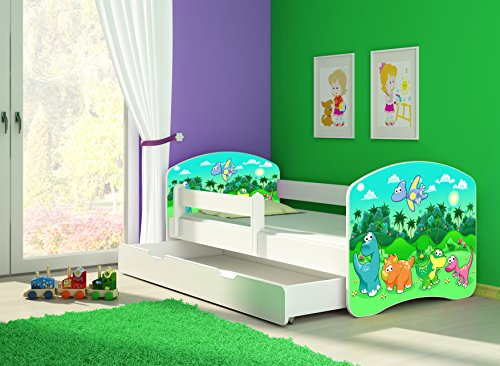CLAMARO 'Fantasia Weiß' 140 x 70 Kinderbett Set inkl. Matratze, Lattenrost und mit Bettkasten Schublade, mit verstellbarem Rausfallschutz und Kantenschutzleisten, Design: 30 Dinosaurier