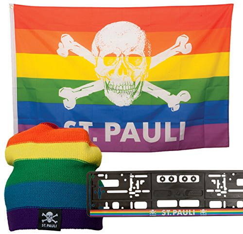 FC St. Pauli 3-teiliges Set Regenbogen (Mütze, Nummernschildhalter und Fahne 100 x 150 cm) Totenkopf Mehrfarbig/bunt