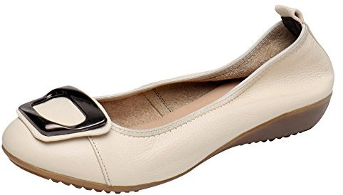Jamron Women Genuine Leather Comfort Shoes Soft Sole Ballerinas Low Wedge Heel Slippers Beige SN020624 UK2.5