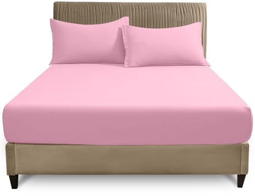 GC GAVENO CAVAILIA Plain Fitted Sheets - Easy Care Polycotton 25cm Deep Fitted Sheets - Breathable, Anti Allergic Bottom Sheets - Elastic Corner Bed Sheet Super King Size - Pink - 180 x 200 cm