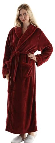 Dressing Gown Women Full Length Robe Plus Size Fleece Winter Warm Bathrobe, UK10-14(label L), Wine Red
