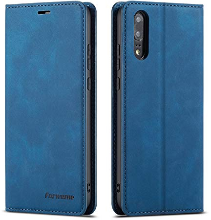 QLTYPRI Hülle für Huawei P20, Premium Dünne Ledertasche Handyhülle mit Kartenfach Ständer Flip Schutzhülle Kompatibel mit Huawei P20 - Blau