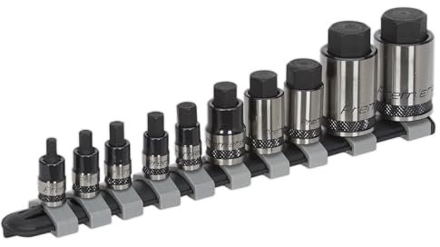 Sealey AK6229B 10pc 1/4, 3/8 & 1/2Sq Drive Stubby Hex Socket Bit Set - Black Series
