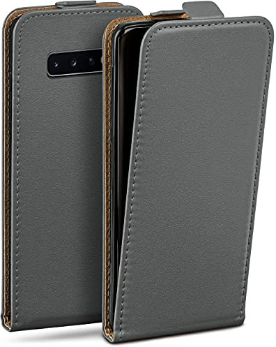 moex Flip Case für Samsung Galaxy S10 Plus Hülle klappbar mit 360 Grad Schutz, Handyhülle mit Displayschutz, PU Leder Handytasche Lederhülle, Flip Case Cover Klapphülle, Grau