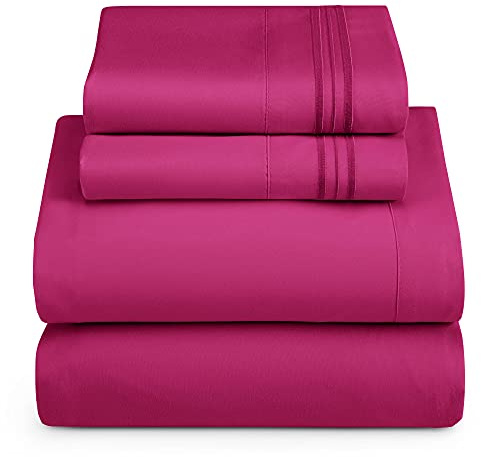 Hearth & Harbor Full Size Sheets - 4 Piece Bed Sheet Set, Hotel Luxury Double Brushed Bed Sheets - Extra Soft Bedding Sheets & Pillowcases, Full, Magenta