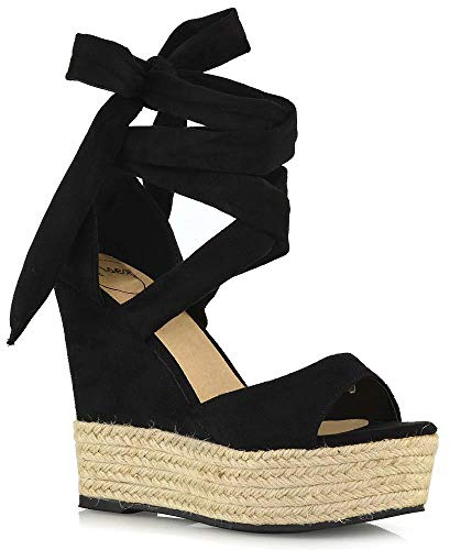 ESSEX GLAM Womens Lace up Wedges Ladies High Heel Platform Strappy Espadrille Open Toe Sandal Shoes Size 3-8
