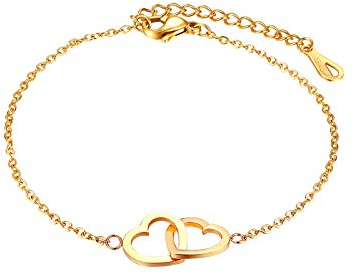Flongo Damen Armband Frauen Armreif Freundschaftsarmbänder BFF Ketten für 2, Edelstahl Armkette Kette Gold mit doppelten Herzen Anhänger