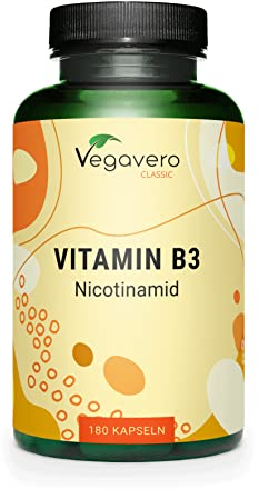 Vitamin B3 Niacin | Hochdosiert: 500 mg Nicotinamid | 180 Kapseln - 6 Monatsvorrat | Haut - Nerven - Energie* | Flushfree | Laborgeprüft | Vegan - Ohne Zusatzstoffe | Deutsche Produktion von Vegavero®