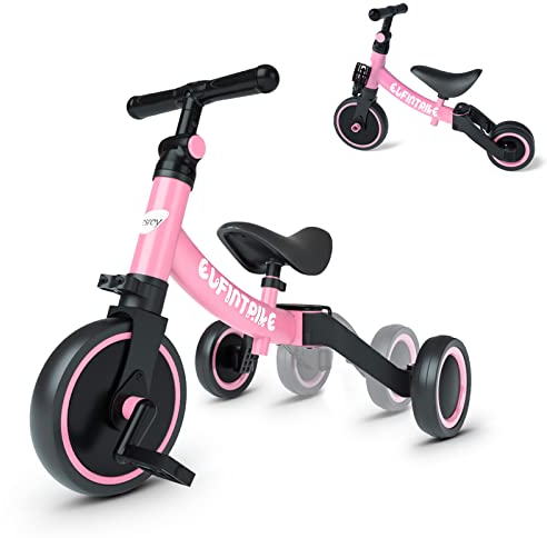 besrey 5 in 1 Laufräder Laufrad Kinderdreirad Dreirad Lauffahrrad Lauflernhilfe für Kinder ab 1 Jahre bis 4 Jahren - Rosa