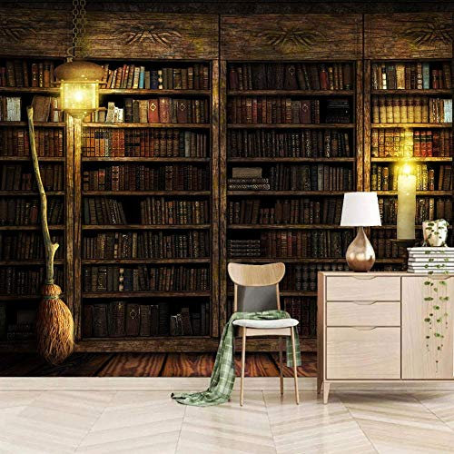 SUUKLI 3D Fototapete Vintage Bücherregal 350X256Cm Vlies Tapete Wandtapete Wohnzimmer Schlafzimmer Küche Flur Büro Moderne Wanddeko Design Selbstklebende Wandbilder XXL Wand Dekoration