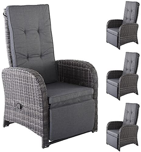 Raburg Garten-Relaxsessel 4er-Set, Fußstütze, inkl. Polster, Gartenstuhl-Set Relaxfunktion, pflegeleichtes & wetterfestes Polyrattan, Bequeme Kissen, 120 kg Belastbarkeit, Braun/Dunkelgrau, Laura