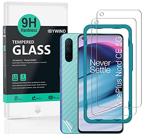 Ibywind 2 Piezas Cristal Templado para Oneplus Nord CE 5G,con Atrás Pegatina Protectora Fibra de Carbono, Kit de instalación fácil