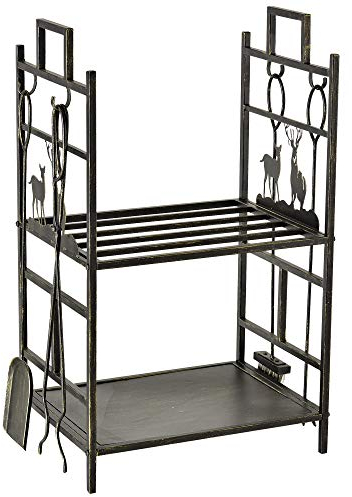 Outsunny Portalegna da Interno ed Esterno in Metallo con 2 Ripiani, Portalegna da Ardere con Scopa, Paletta, Pinza, Attizzatoio e Manici, Base Porta Legna Rialzata e Decori, 51.5x33x77cm, Oro e Nero