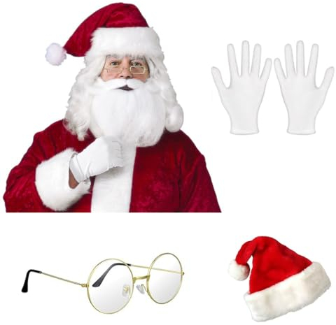 TANTAKO 5 Stück Nikolaus Perücke Set, Weihnachtsmann Perücke+Bart+Handschuhe+Mütze+Brille für Weihnachtsfeier Kostüm