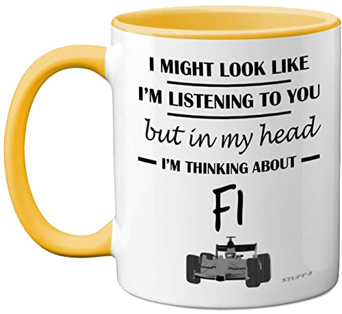 Stuff4 Formula 1 Gifts - in My Head I'm Thinking About F1 - Funny F1 Gifts for Men, Car Lover for Him, Mug, Formula One 11oz Ceramic Dishwasher Safe Yellow Handle Mugs Novelty Cup