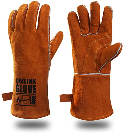 QeeLink Guantes de soldadura resistentes al calor y al desgaste, forrados de cuero, costuras ignífugas, para soldador, chimenea, barbacoa, jardinería