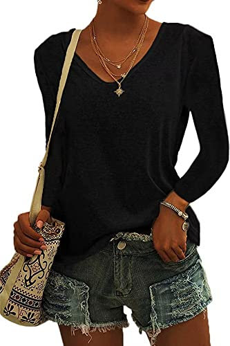 ASKSA Damen V-Ausschnitt T-Shirt Einfarbig Langarmshirts Oberteile Casual Lose Shirts Basic Hemd Tee Tops(Schwarz,L)