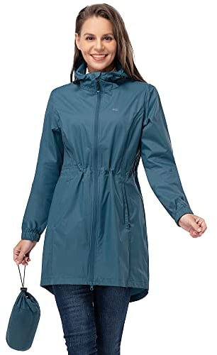 33.000ft Impermeabile da donna, impermeabile, pieghevole, con cappuccio, leggero, traspirante, giacca a vento lunga per le donne, giacca di mezza stagione, ciclismo, Marocchino blu, XL