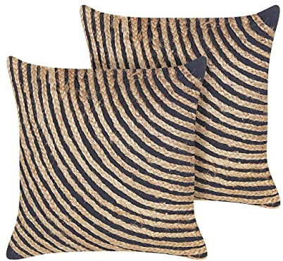Set of 2 Cotton Scatter Cushions Braided Jute 45 x 45 cm Beige and Black Bergenia