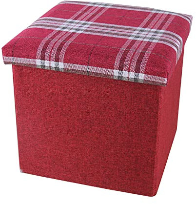 dsfen Pouf Coffre Tabouret De Rangement en Lin, Pliable Cube Coffre De Rangement, Treillis Motif Repose Pieds - avec Espace De Stockage,Rouge