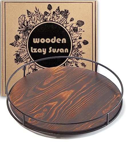Lazy Susan Drehteller aus Holz, 30,5 cm, rustikaler brauner Drehteller mit Stahlrahmen, 360 Grad, dekorativ, Lazy Susan für Arbeitsplatte, Schrank oder Tafelaufsätze