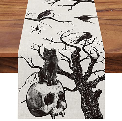 Seliem Tischläufer mit Totenkopf-Motiv, Schwarze Katzenkrähe, Silhouette, Baumzweige, Spinne, gruselig, Urlaub, Küche, Esstisch, Dekoration, Herbst, saisonale Heimdekoration, Innen- und Außenbereich,